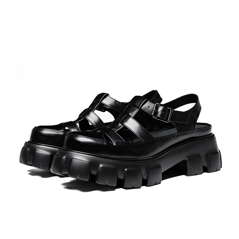 

Brogues Sandals Men Cow Leather Buckle Strap Solid Color Round Toe Summer Outdoor Platform Casual Sandals Handmade