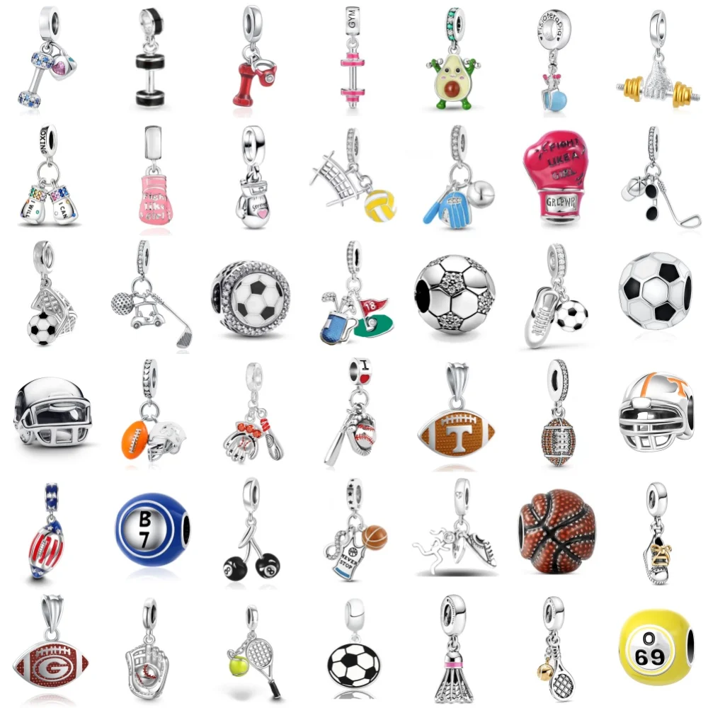 

925 Серебряный бейсбольный шлем, очаровательный футбол, регби, бусины, боксерские перчатки, гантели, подвеска, подходит для оригинального браслета, ювелирных изделий, сделай сам, подарок