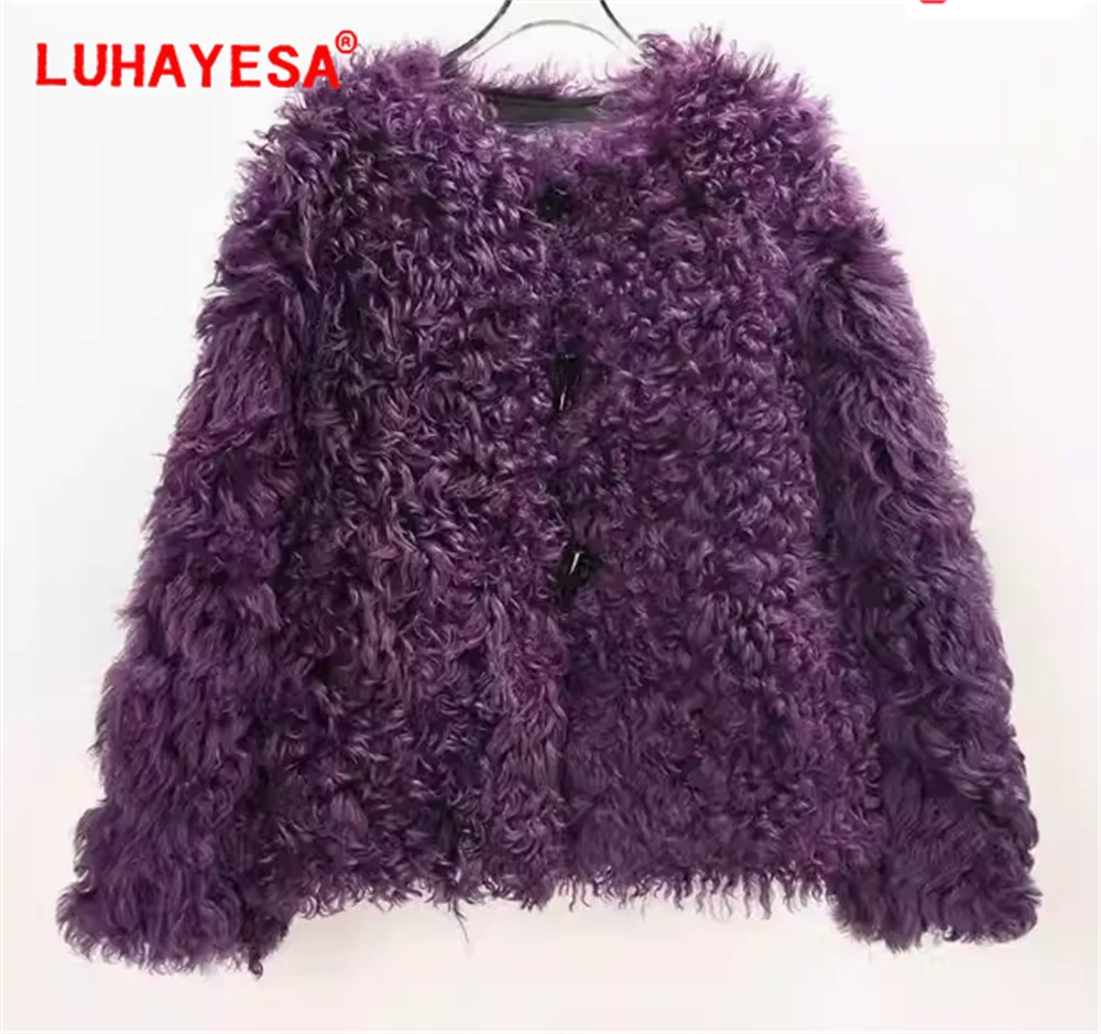 2024 Tuscany Sheepskin Lamb Fur Shearling Coat Women Winter Fashion Purple Real Fur Coat Genuine Fur Outfits