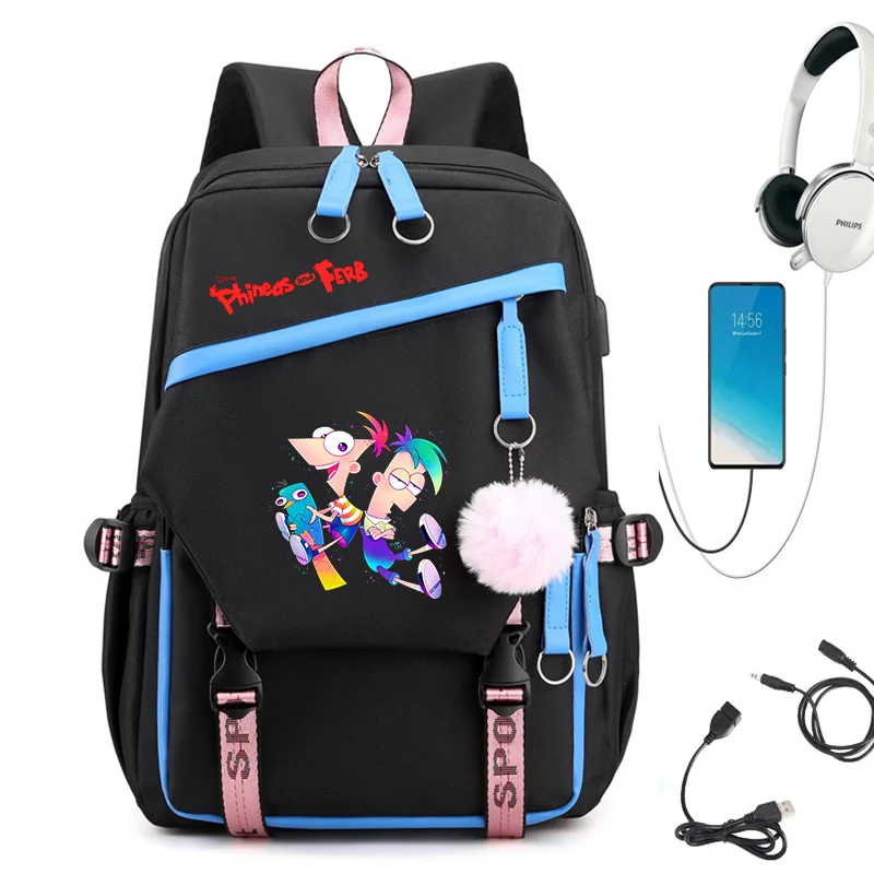 

Disney Phineas And Ferb USB Charging Schoolbag Male and Female Student Backpack Anime Cartoon School Bag Mochila