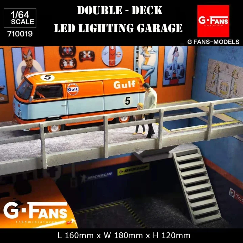 G-Fans 1:64 Assemble Diorama Double-Desk LED Lighting Garage Model Car Parking Lot Display - Gulf Version