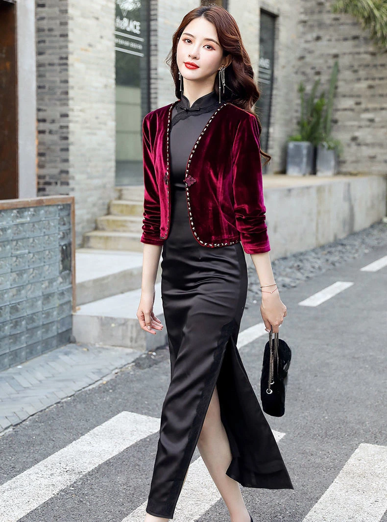 2025 primavera outono feminino bordado miçangas vinho vermelho veludo casaco superior, roupas femininas fino 3/4 manga veludo casacos curtos