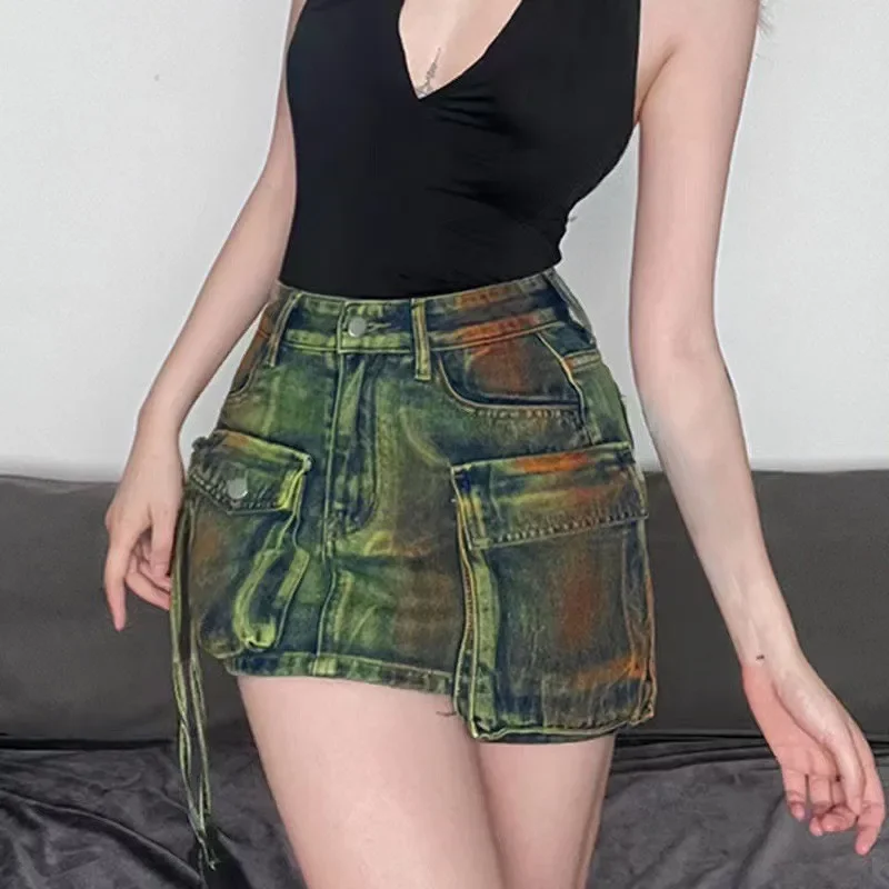 women Summer Make-old Stereoscopic Multi-pocket High-waisted Half Body Denim Miniskirt Asymmetrical Half A-line Denim Skirt