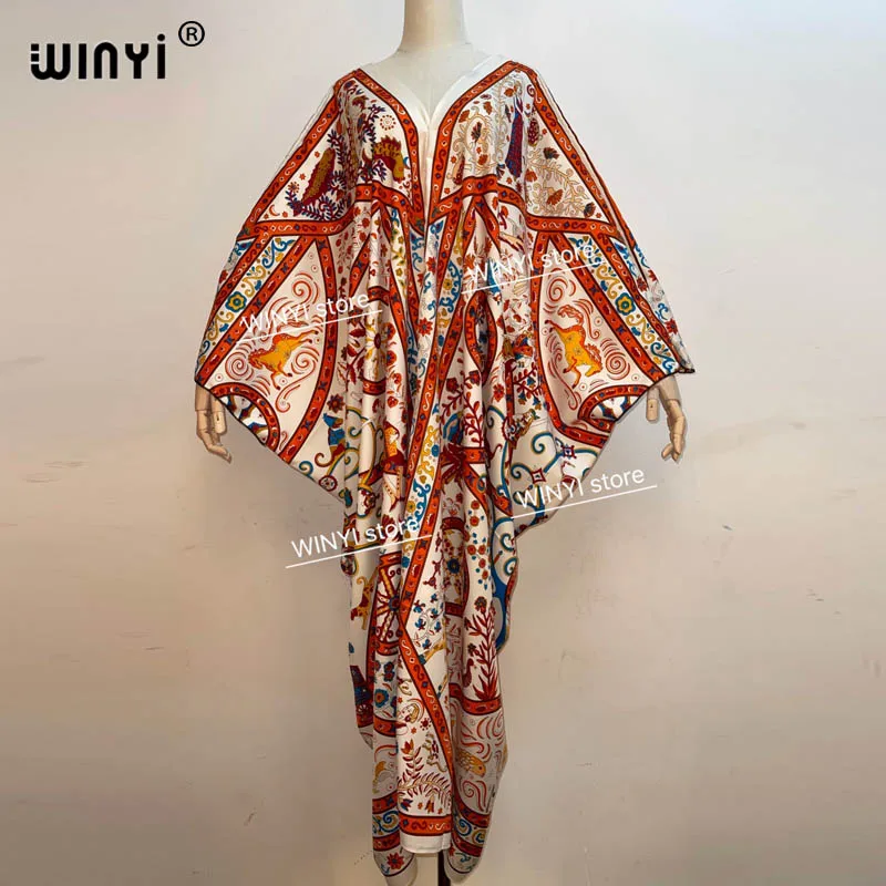 Traditional Printed Rayon WINYI maxi dress Dashiki African Women's Abaya Robe Long dresses for women Bohemian v-neck dress