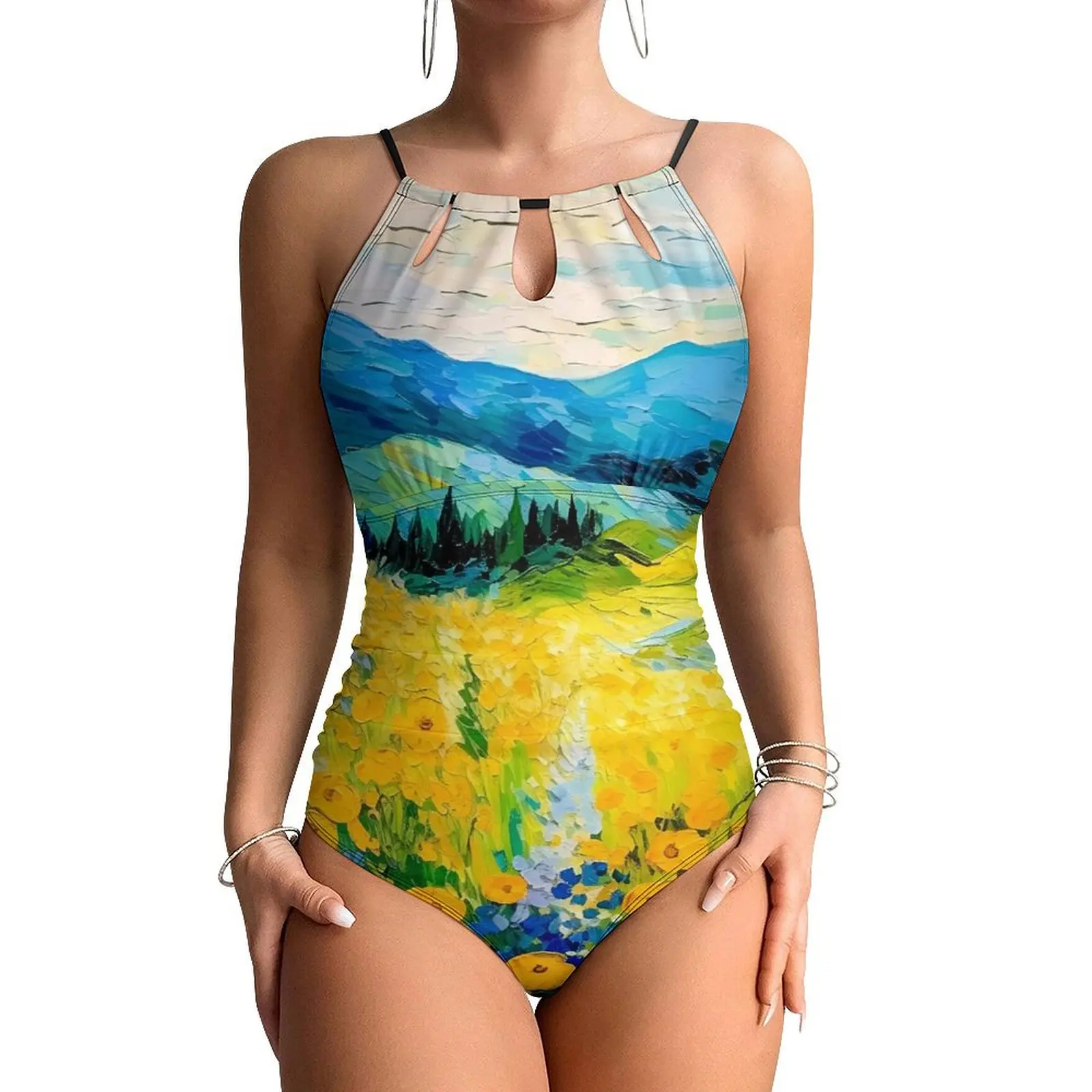 

Oil Painting Swimsuit Flowers Print Push Up Swimwear One-Piece Holiday Rave Bathing Suit Swimsuits Sexy Graphic Beach Outfits