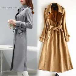 Khaki Red Pink Large Size Faux Suede Coat Autumn Spring Long Faux Leather Suede Trench Women  Fall Ladies Korean