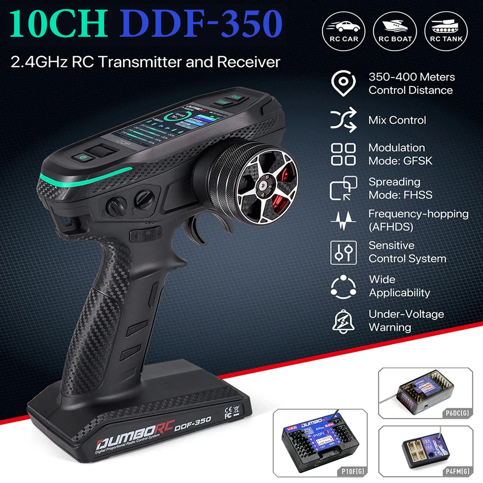 

DUMBORC DDF-350 2.4GHZ HD Screen Transmitter Remote Controller with 4/6/10 Channel Receiver for RC Model Car Boat Tank Plane