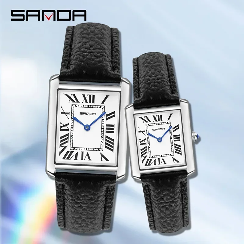 Sanda 1108 Casual Mode Merk Paar Horloges Vrouwen Mannen Waterdichte Klok Quartz Polshorloges Lederen Band Dames Vierkant Horloge