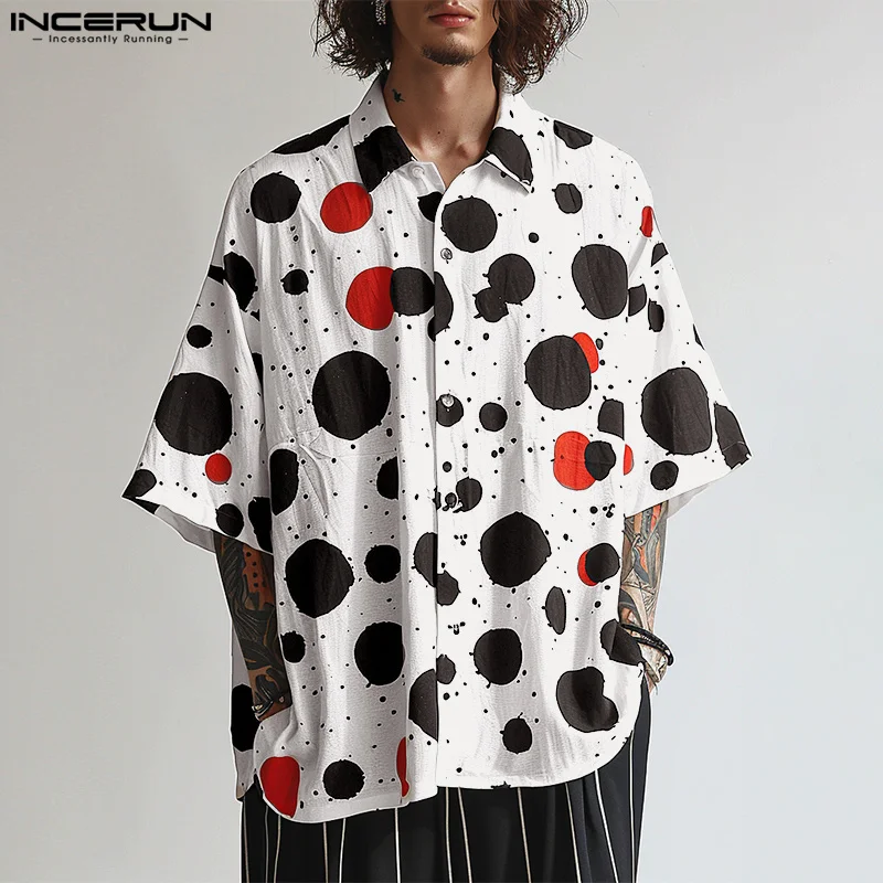 INCERUN top 2024 stile americano moda uomo sciolto irregolare a pois camicie stampate personalità maschile camicetta a mezza manica S-5XL