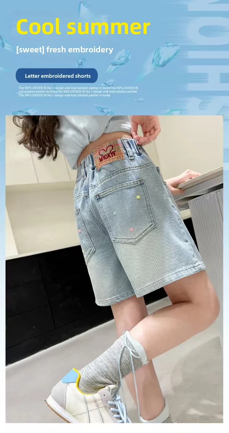 2026 Sommer Kinder-Jeansshorts für 120-170cm große Mädchen, bestickt, elastischer Bund, lässige knielange Teenager-Shorts – Detail 9