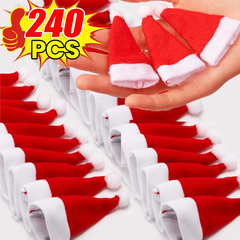 Mini fundas navideñas para botellas de vino, sombreros de Papá Noel, vajilla de cena de terciopelo para fiesta, gorros para paletas, bolsa, cuchillos, tenedores, bolsillo, 5-240 Uds.