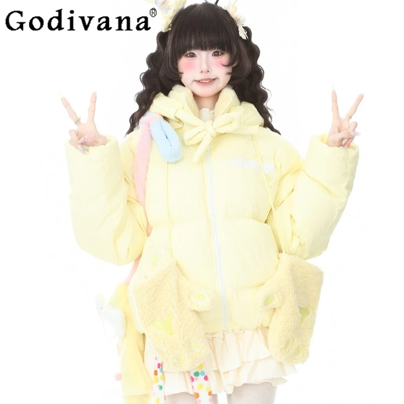 سترات شتوية بغطاء للرأس مطرزة للنساء بأكمام طويلة سترات لطيفة مع قفازات معطف دافئ وردي على الطراز الياباني للسيدات #4