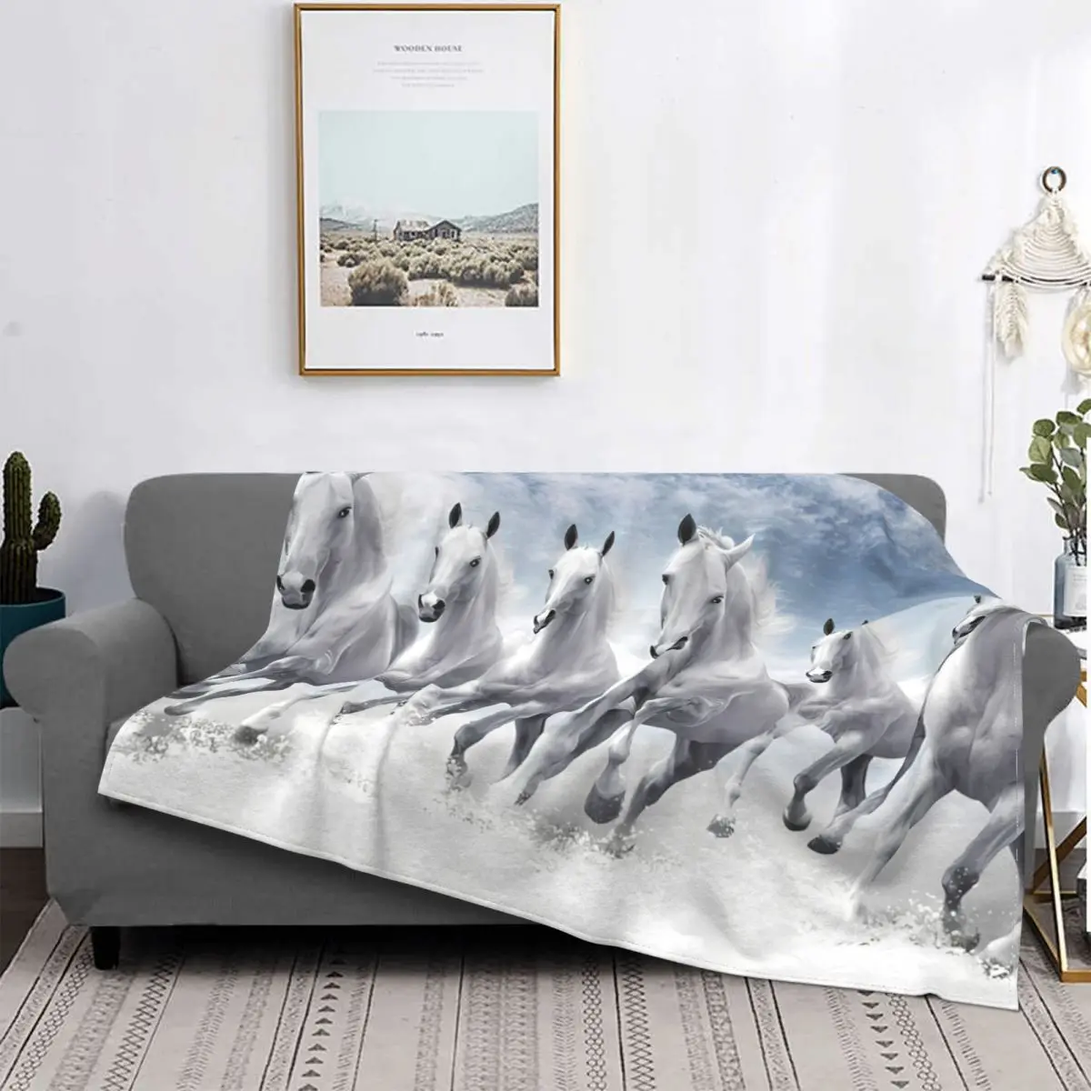 Blue Sky Canvas Blanket Galloping Horses Velvet Spring Autumn Breathable Thin Throw Blankets For home Bedspread