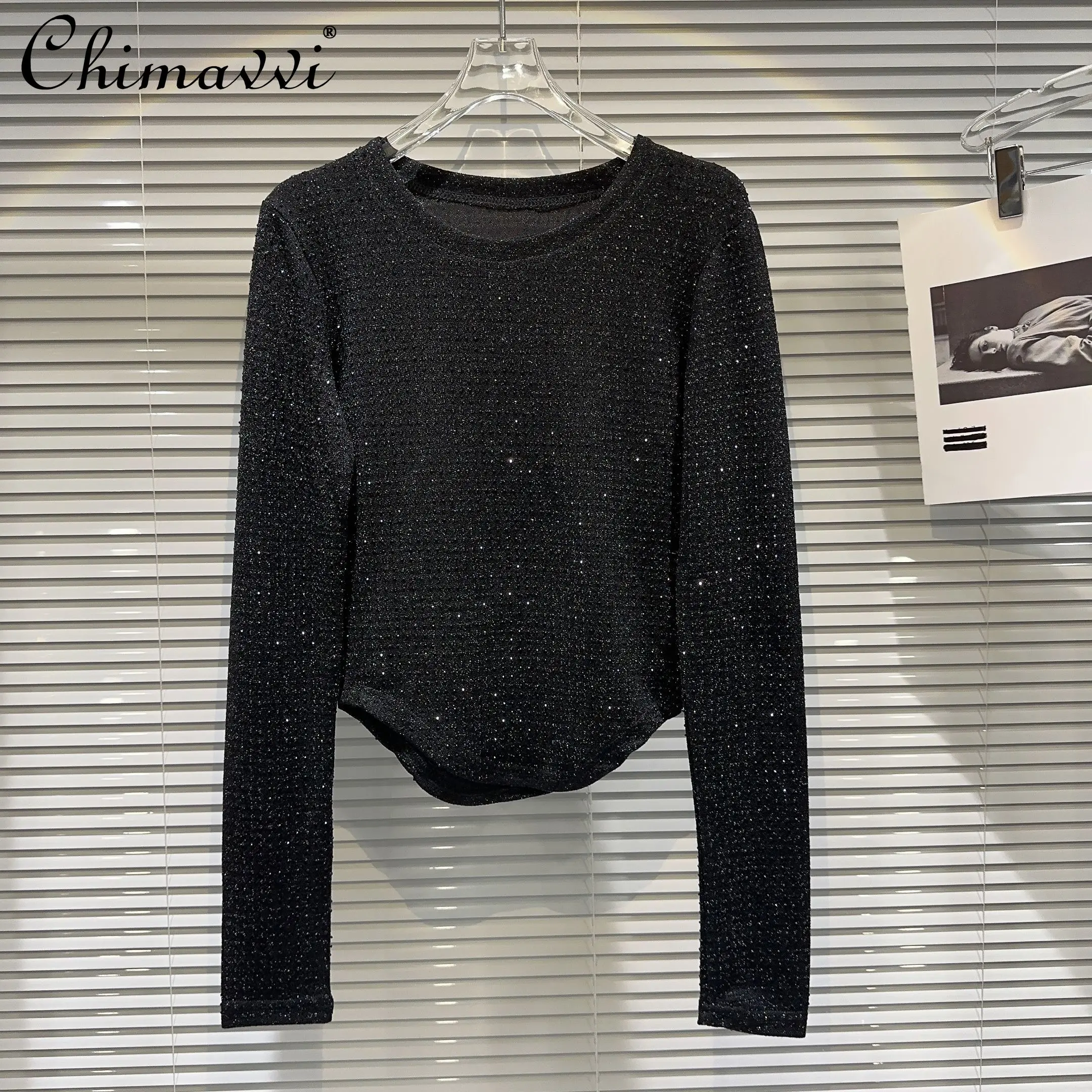 2024 Autumn Clothes New Fashion Hot Girl Full of Rhinestone Bright Silk Fabric Curved Edge Tee Tops Slim Fit Pullover T-shirt