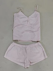 New Pink Striped Tank Shorts 2 Piece Sets Women Lace Trim V Neck Lace-up Camis+Buttons Sweatshorts Sweet Cotton Home Set Y2k