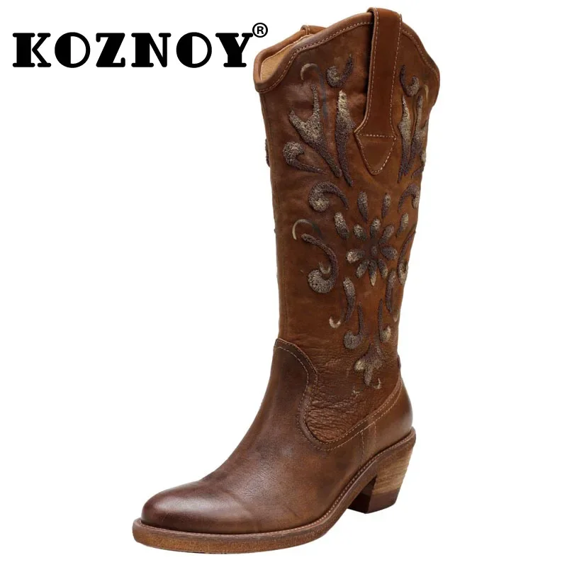 Koznoy 5.5cm Sewing Genuine Leather Ankle Knee High Woman Fashion Slip on Knee High Boots Cowboy Autumn Spring Western Shoes