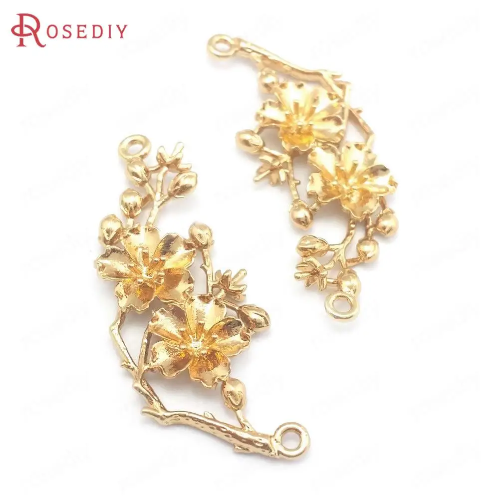 18K Gold Color Brass Plum Lotus Flower Branch Charms Pendants High Quality Diy Jewelry Making Supplies Necklace Accessories