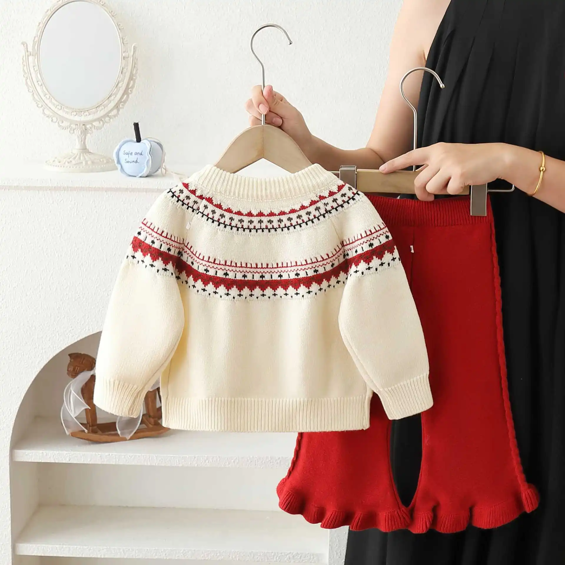 Girls Sweater Set Girls Fair Isle Jacquard Cardigan & Lace Pants Set, Vintage Sweater Two-Piece Outfit 2-6T