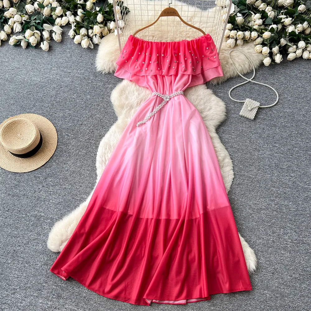 Iridesse Resort Style, Slash Neck, Ruffled Gradient Dress, for Women, 2026 Summer, High-waist, Retro Elegant Dress