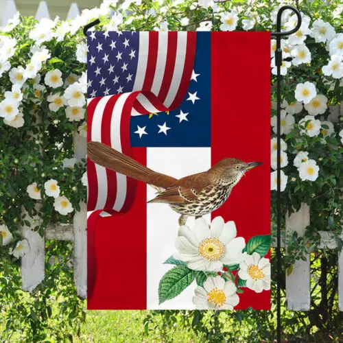 Georgia State Brown Thrasher Bird and Cherokee Rose Garden Flag - House Flag