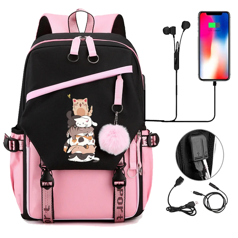 

Рюкзак для девочек-подростков, забавный рюкзак с изображением ленивого кота в стиле аниме, рюкзак для путешествий в школу, школьные ранцы, сумка розового, черного цвета, сумка для книг, USB Mochila