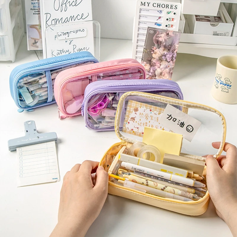 

Large Capacity Oxford Meke Up Bag Cloth Candy Color Cosmetic Storage Bag With Clear Window Student Stationery School Supplies