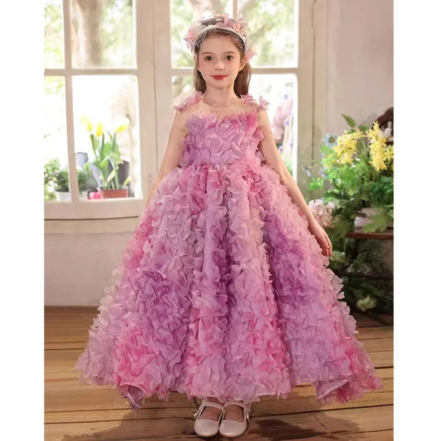 Jill desejo j288 luxo fúcsia flor menina vestido sem mangas 3d flores para crianças princesa casamento pageant festa de aniversário vestido de baile