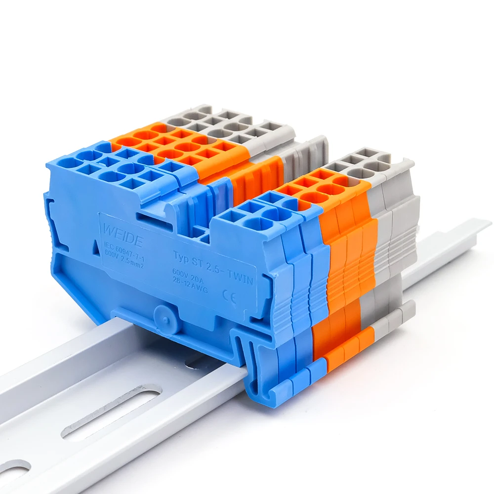 10Pcs ST2.5-TWIN Spring Clamp Terminal Block, 2.5mm² DIN Rail Connectors, 28A 1-in-2-out