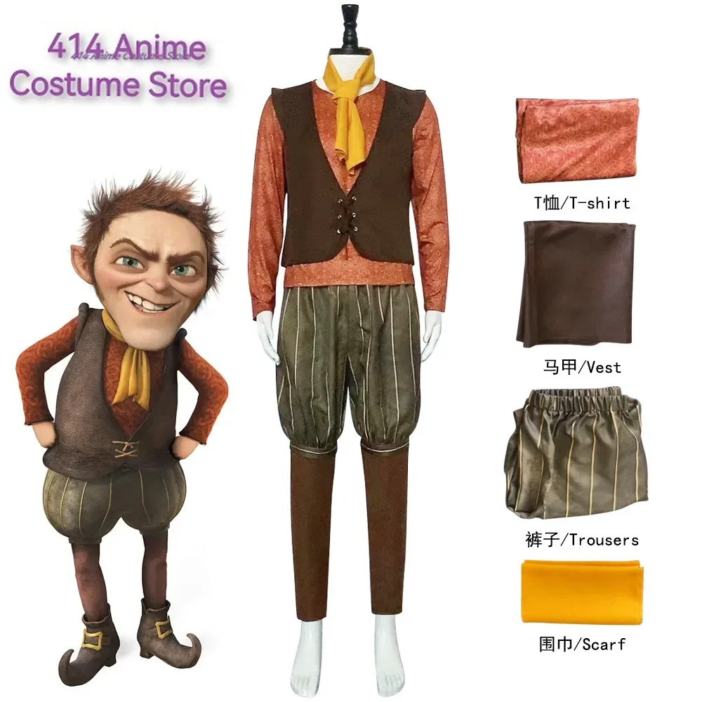 Monster Rumpelstiltskin Cosplay Costume T Shirt Brown Vest Trousers Yellow Scraf Halloween Role Playing King Dwarf Fancy Uniform