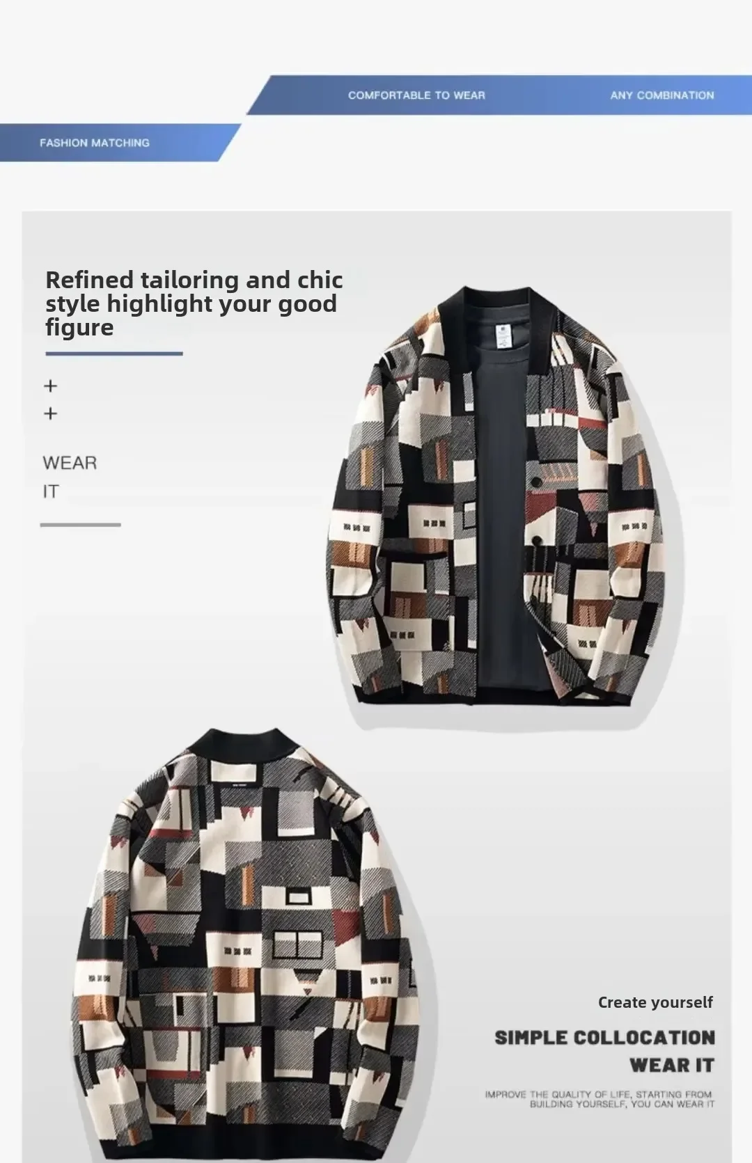 Mens Autumn Geometric Oil Painting Casual Sweater Coat Heavyweight Long Sleeve Koeran Style Loose Fit Jacket Streetwear Unisex