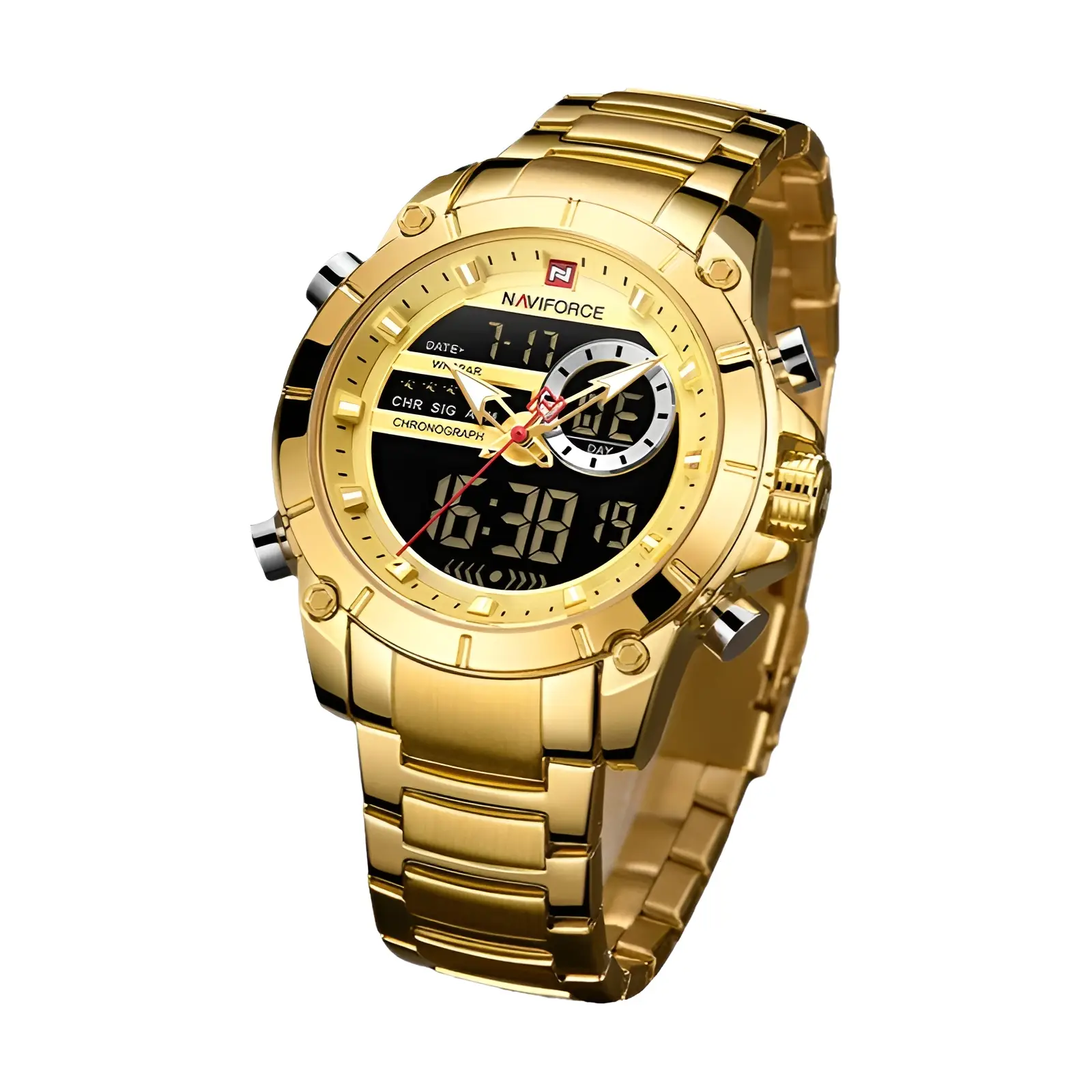 Naviforce 9163 luxo original esporte relógio de pulso para homens quartzo aço à prova dwaterproof água dupla exibição relógios militares relogio masculino