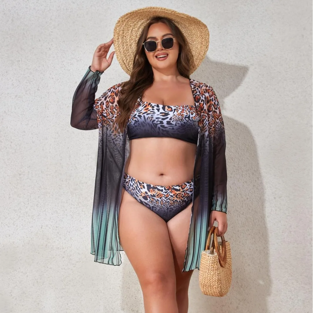 Sexy High Waisted 3-Piece Bikini Set with Sunscreen Cover Coat Plus Size Women Swimsuit Swimwear Summer Beachwear Bathing Suit