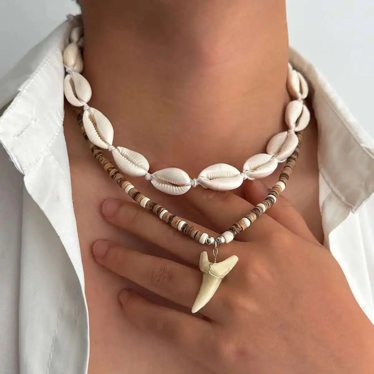 IngeSight.Z Boho 2Pcs/Set Scallop Rice Bead Chain Shark Tooth Pendant Necklace Trendy Summer Beach Geometric Choker Neck Jewelry