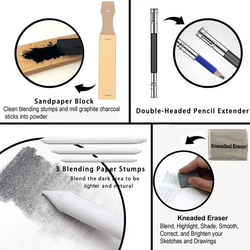 Карандаши для рисования набор художественных карандашей, наколенный ластик, точилка для карандашей, палочки для древесного угля 12, графитовый карандаш, удлинитель для карандашей, художественные принадлежности