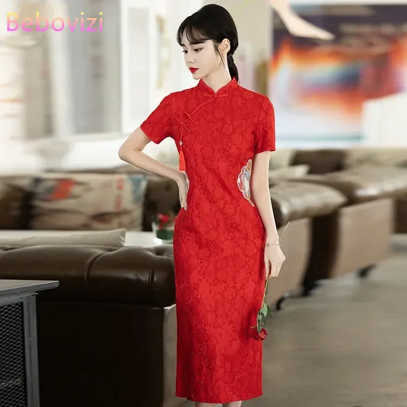 Elegant and Pretty Women's Qipao Dress Dinner High-end Chinese Style Traditional Improved Red Cheongsam New Year CNY