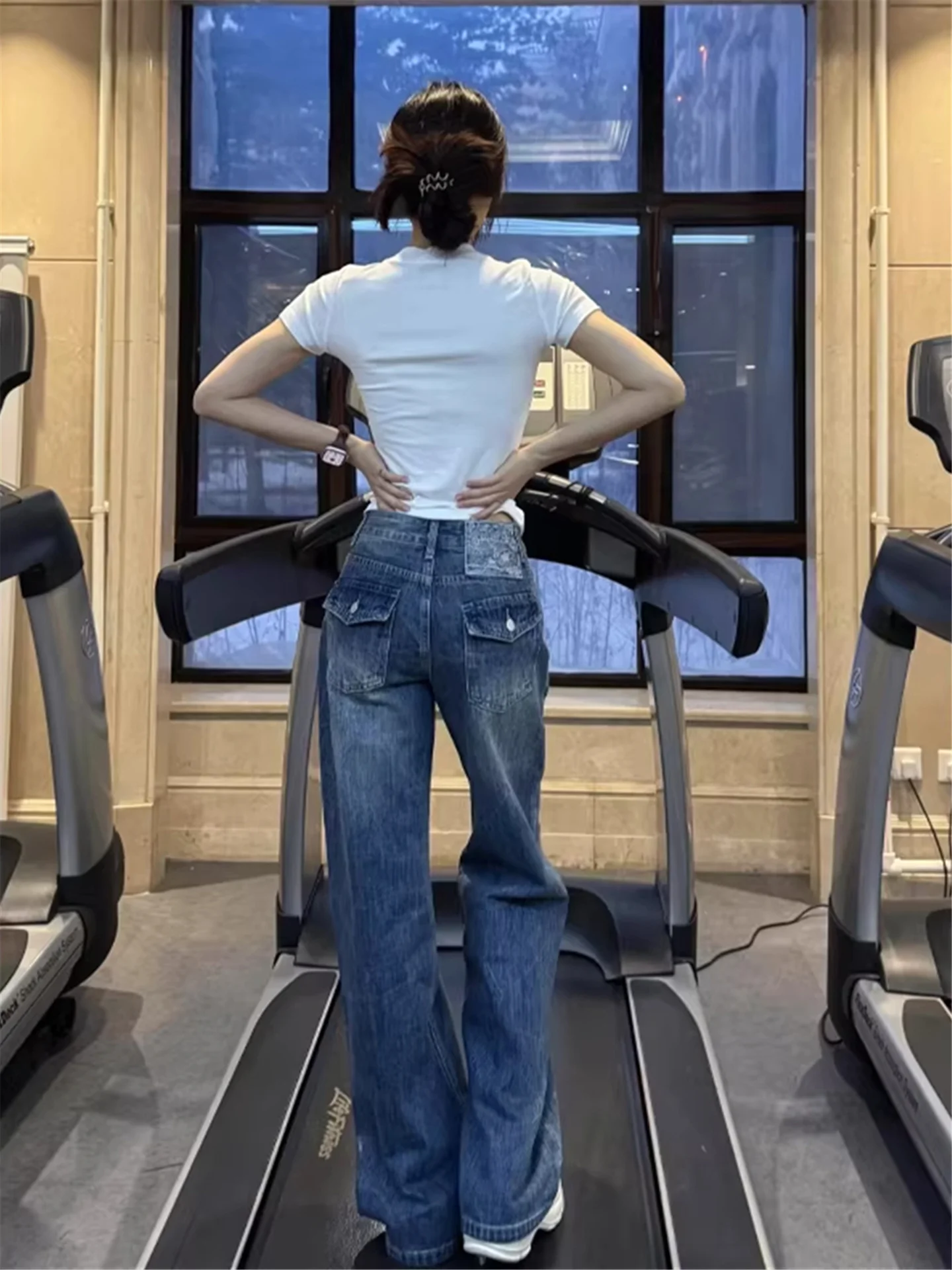 

Ретро синие джинсы с низкой посадкой и широкими штанинами, женские свободные драпированные удлиненные джинсы Y2K прямого кроя, повседневные хлопковые брюки