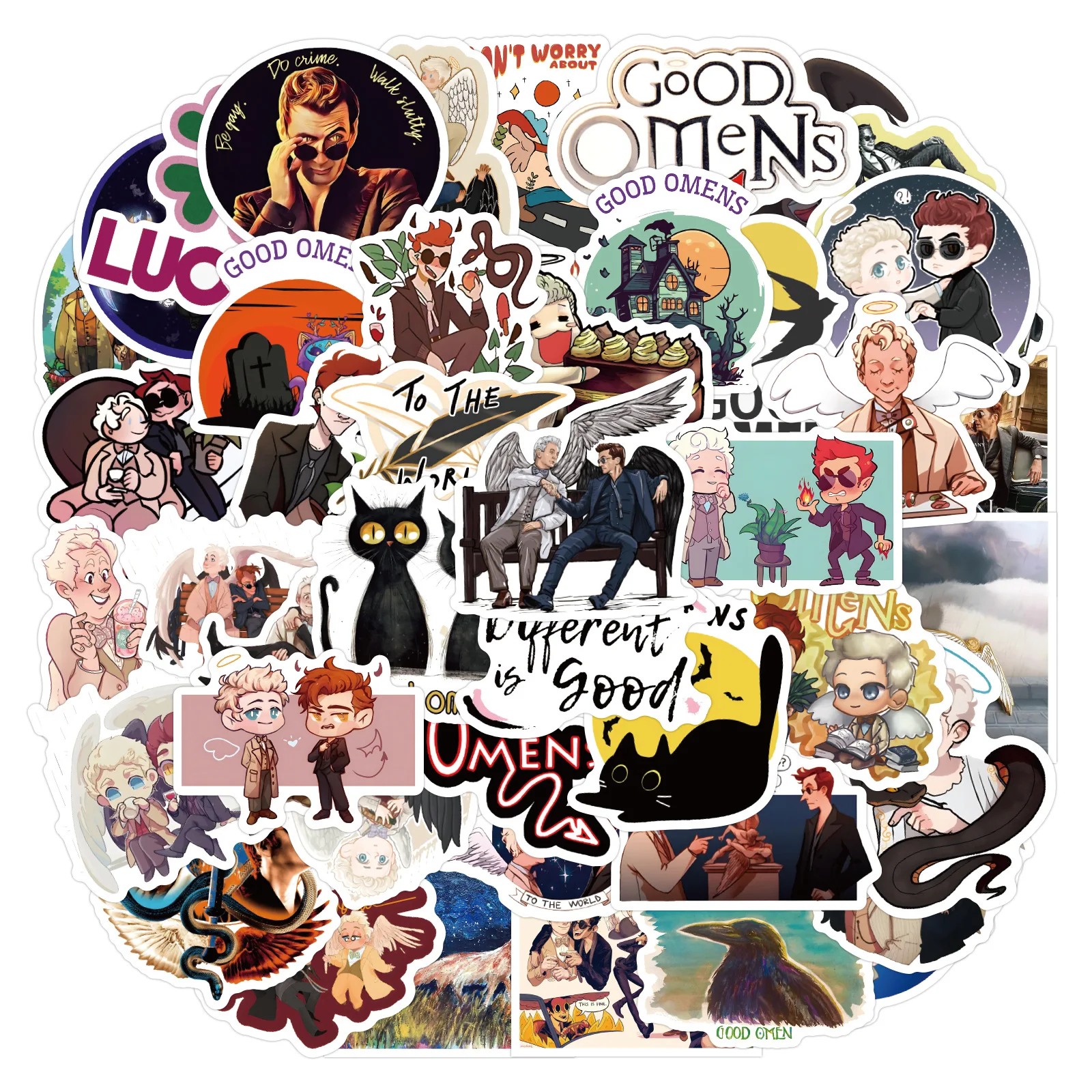 60pcs Cartoon Good Omens Stickers for DIY Notebook Stationery Guitar Skateboard Phone Water Cup Luggage Waterproof Sticker