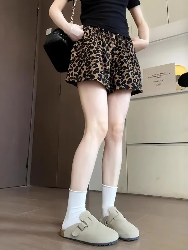 High Waist A-Line Casual Shorts Women's plus Size Leopard Print Summer New Style Loose Slimming Hip Covering Sporty Pants