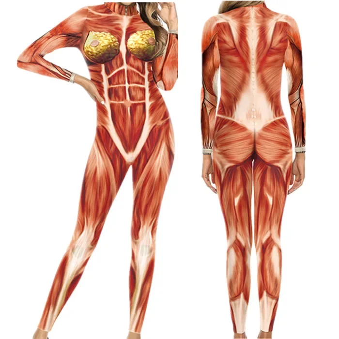 Muscle Suit Women Zentai Bodysuits Human Tissue Print Jumpsuit Carnaval Catsuit Grappige Cosplay Kleding Halloween Kostuum Voor Mannen