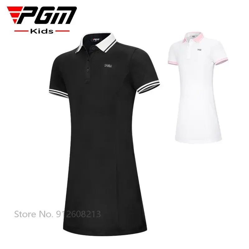 PGM Summer Girls Lapel Mesh Golf Dress Children Patchwork Stripe Polo Dress Casual Anti-sweat Elastic A-line Outdoor Sportswear