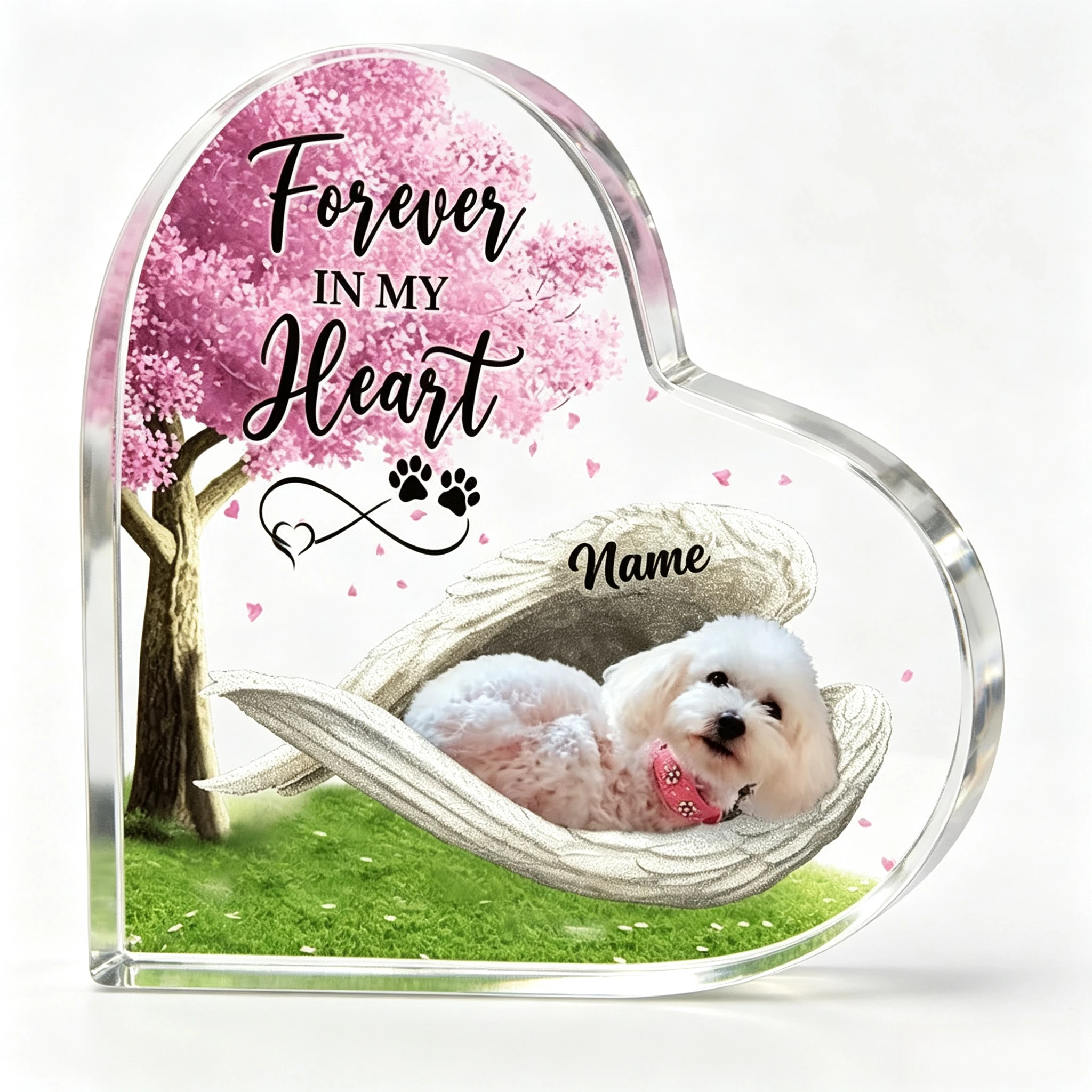 Personalized Maltipoo Sleeping Angel Acrylic Heart Shaped Plaque, Pet Remembrance Keepsake Desk Heart Decor, Memorial Gifts for Loss of Dog