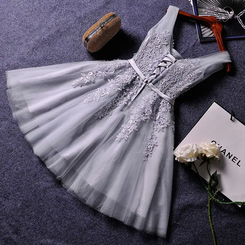 DSP A Line V Neck Short Prom Dresses with Appliques and Beads Elegant Formal Party Dress Special Occasion Dress for Girl