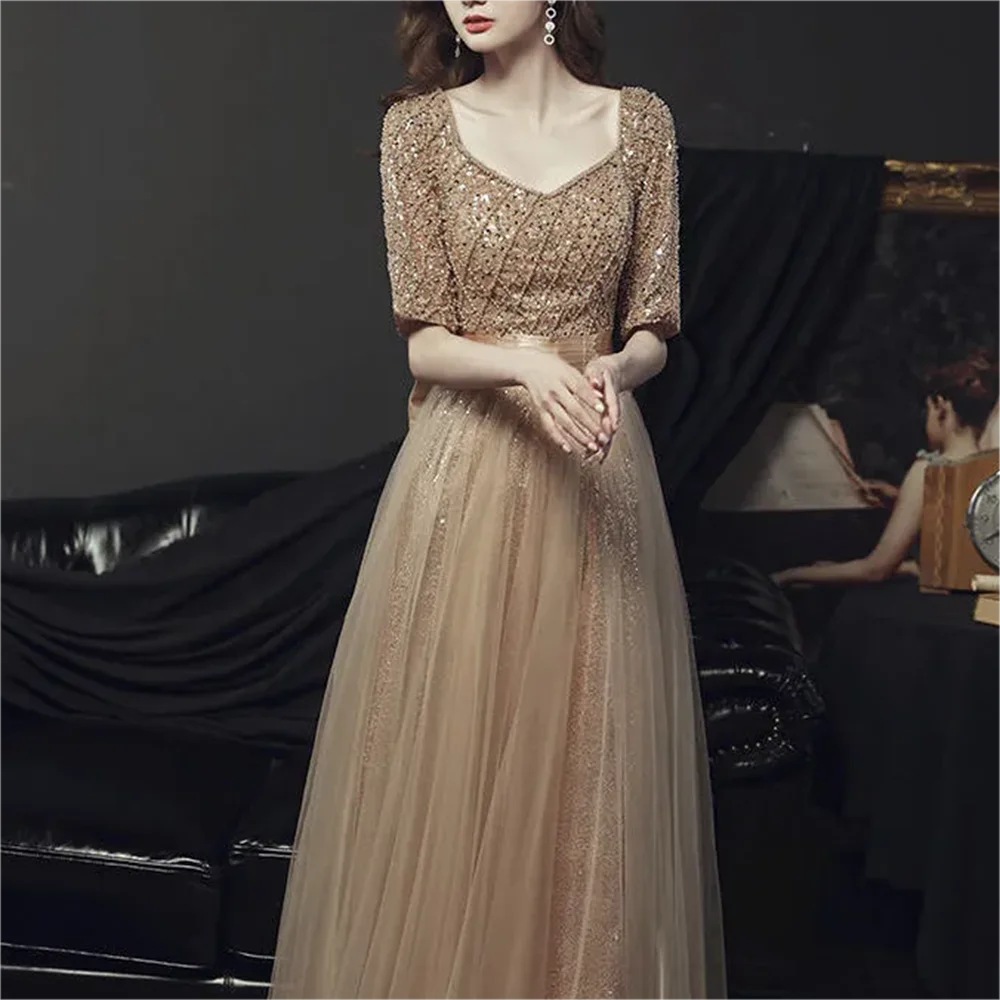 Sexy gold pearls beaded 2024 prom dress Mother Of the Bride Dresses long tulle Lace Appliqued Groom Mother Dress