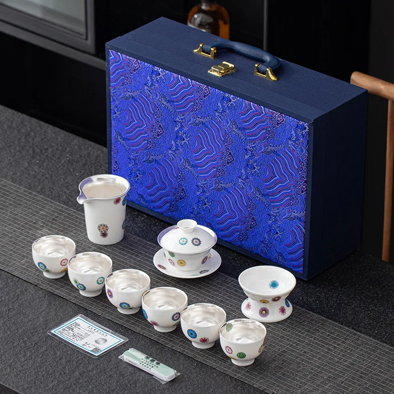 999Gilt Silver Tea Set Kung Fu Tea Set Gaiwan Teapot Corporate Annual Meeting Gifts for Elders Festival Gifts Souvenirs