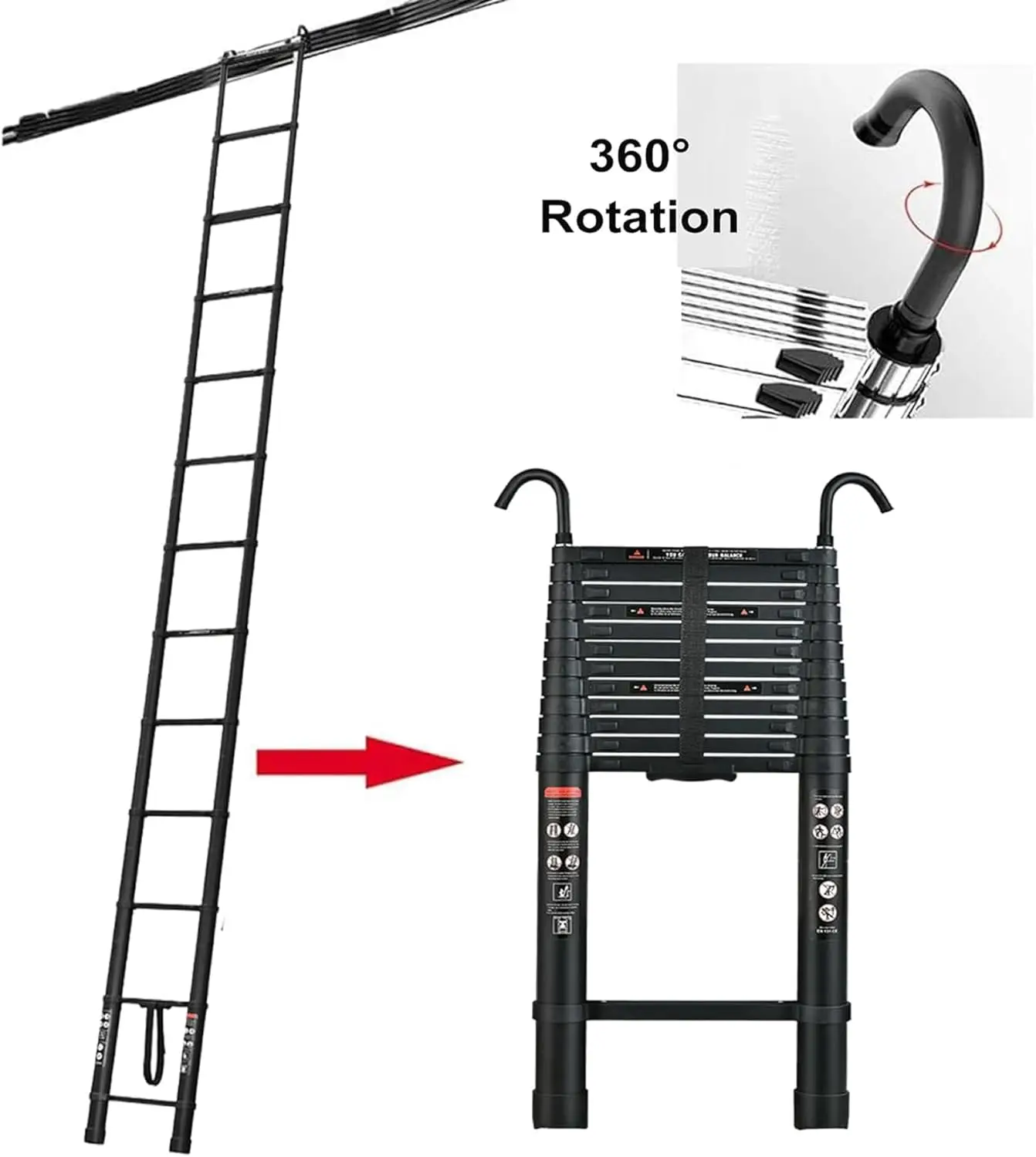 Escalera telescópica de 3,8 m + ganchos desmontables, escalera de extensión de aluminio, pies y escalones antideslizantes para uso en seguridad, escalera plegable para Loft