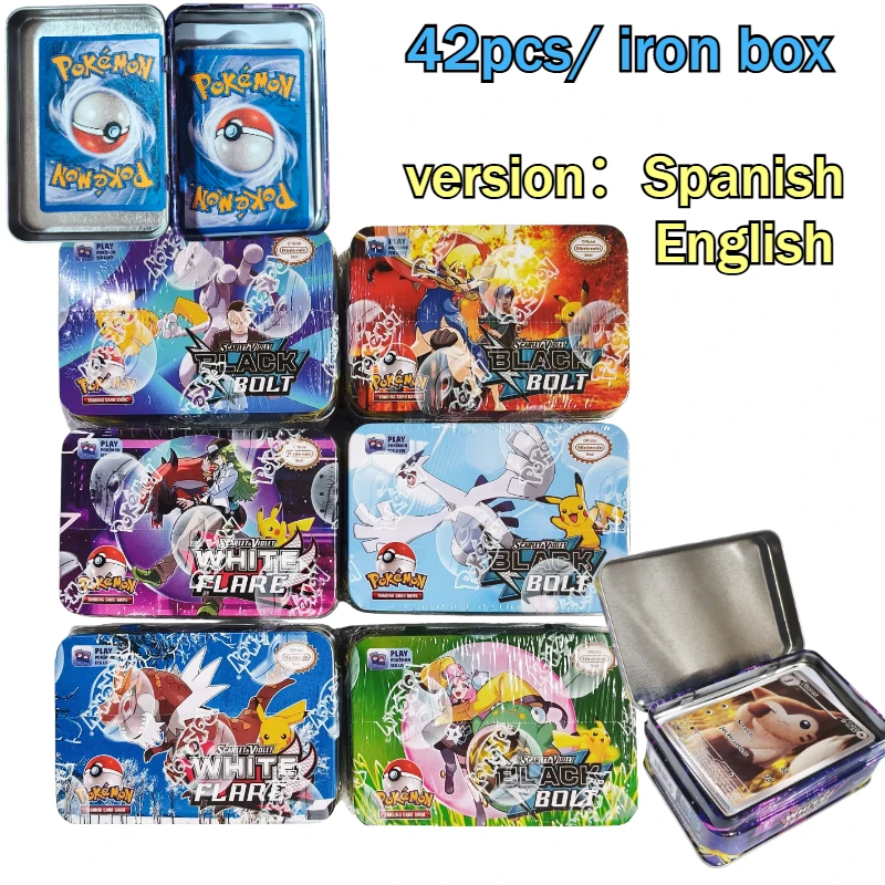 42-teiliges Pokemon-Karten-Set in Blechdose Black Bolt White Flare Mega Evolution Spanische und Englische Version Sammlung Geschenk Kinderspielzeug