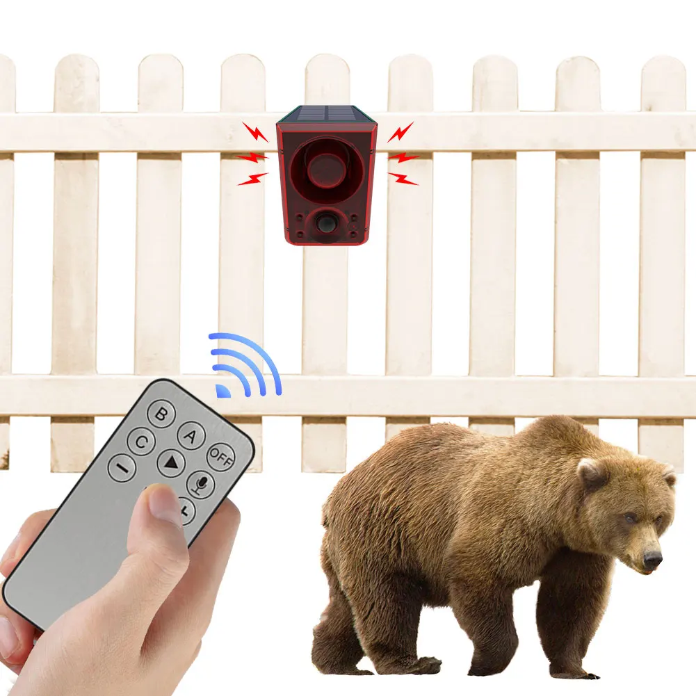 

Solar Outdoor Motion Sensor Alarm Loud Noise Maker with Dog Barking Gunshot Sound Solar Infrared Induction Alarm for Home Farm