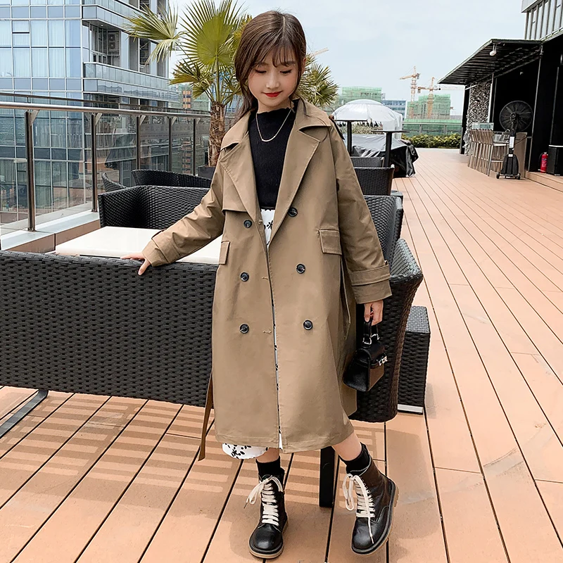 

10 12 14 junior girls Long double breasted trench coat manteaux fille autumn kids coat children overcoat teen outerwear clothes