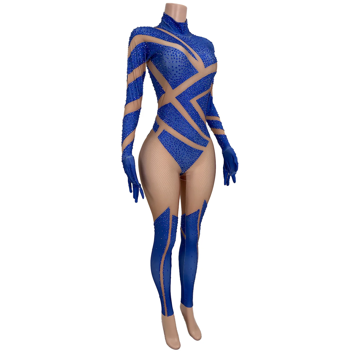 

Designer Long Sleeves Stripe Crystal Night Club Party Jumpsuits Women Gogo Dancer Costume Spandex Rompers Performance Bodysuit