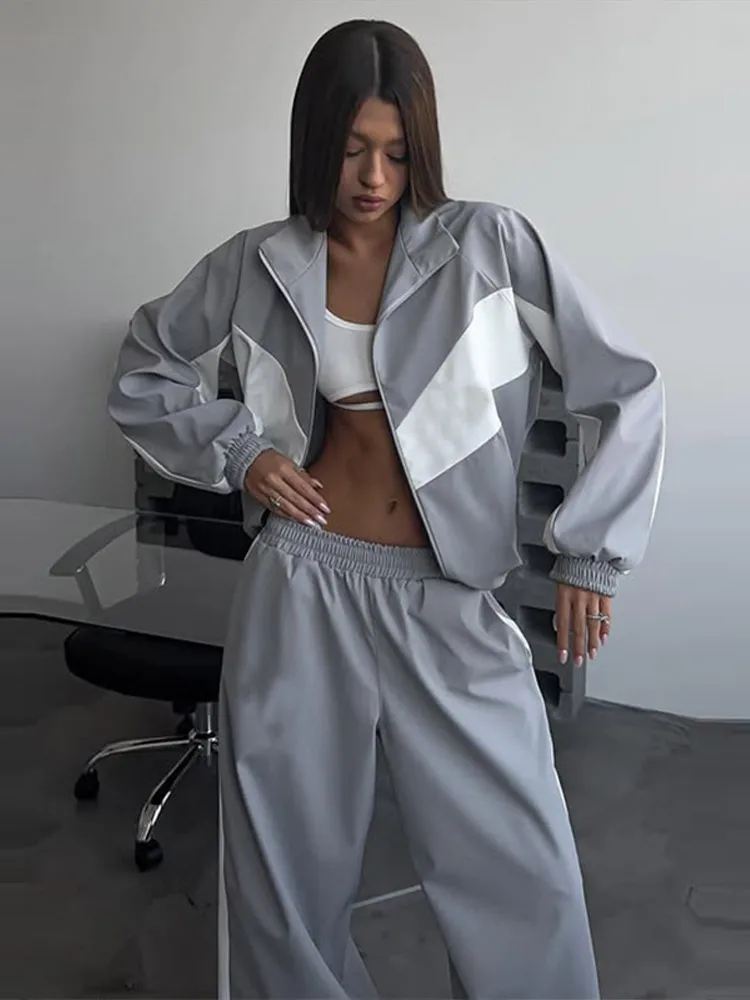 Getäfeltes, langärmliges, übergroßes Oberteil, Hosen-Sets für Damen, Streetwear, Laternenärmel, Reißverschluss, lockerer Mantel, Hose mit weitem Bein, modische Sportbekleidung – Detail 11